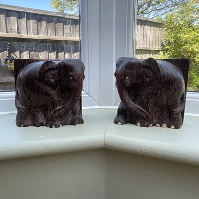 Beautifully Hand Carved Wooden Elephant Bookends Incredible Grain & Colour - Image 1 of 4