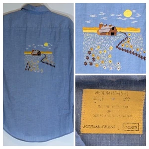 VTG Sears Perma Prest Chambray Western Work Shirt Custom Home Made Embroidery M - Picture 1 of 6