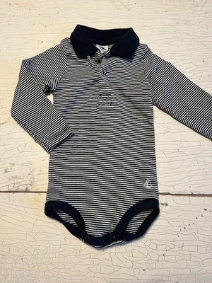 Baby Boy's PETIT BATEAU Size 6-12 Months Navy Blue/White Striped One-Piece - Image 1 of 2