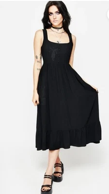 Vestido Disturbia Mandrake Mezcla de Lino Bordado Midi Negro Talla US 10 NUEVO CON ETIQUETAS Foto 1 de 4