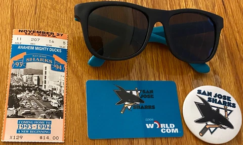San Jose Sharks LOT Shades Sunglasses, LDDS World Com Phone Card, Button, Ticket Cover