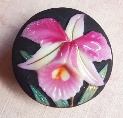 Vintage Arita Japanese Porcelain Button ~ Pink Orchid Flower on Matte Black - Image 1 of 4