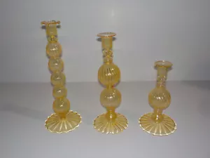 3 Vintage VENEZIANISCHE MURANO Warm Bernstein Optik Wirbel & Kugel KERZENSTÄNDER - Bild 1 von 7