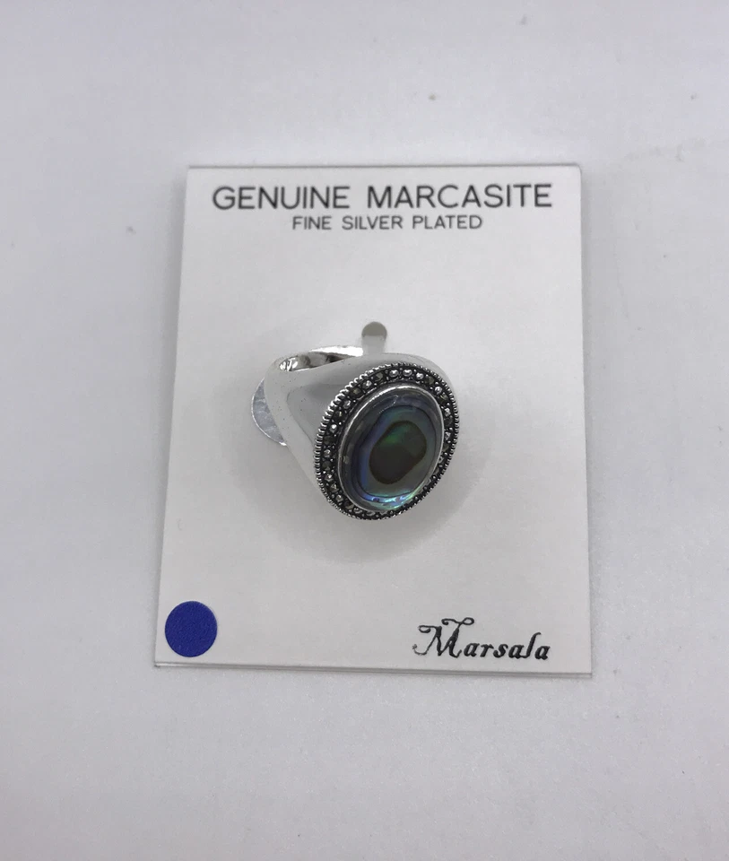 Pretty Marsala  Silver Plated Mother of Pearl & Marcasite Ring US SZ 8 - Image 1 of 3