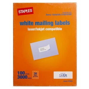 Staples Laser/Inkjet Address Labels - 1" x 2 5/8" - White open box - 64 sheets - Picture 1 of 1