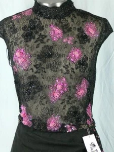 NEW MIKE BENET 2 PC BEADED SEQUIN BALLGOWN FORMAL PAGEANT BLACK FUSCIA SZ 12 NWT - Picture 1 of 9