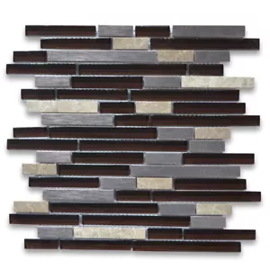 A76008 Glass Mosaic Tile Dark Brown Emperador Light Marble Stainless Steel - Picture 1 of 4