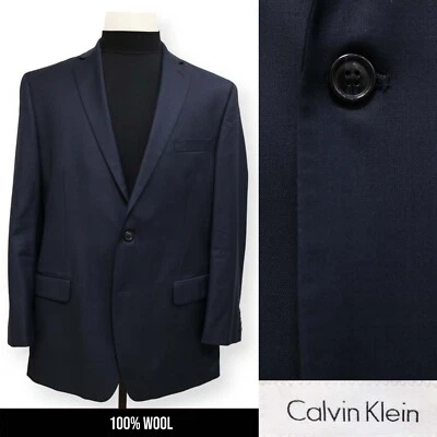 CALVIN KLEIN Hombre Azul Sólido 100% LANA Abrigo Deportivo Traje Chaqueta Blazer 44 L Foto 1 de 4