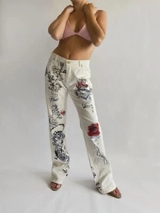 Vintage Y2K S/S 2003 Roberto Cavalli Tattoo Roses Tiger Floral Denim Pants Jeans - Picture 1 of 11