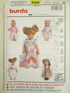 Burda 8308 Baby Doll Clothes Pattern 12-14" 16-18" Dress Hat Overalls Top Pants - Picture 1 of 3