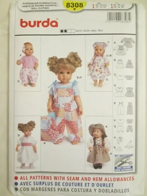 Burda 8308 Baby Doll Clothes Pattern 12-14" 16-18" Dress Hat Overalls Top Pants  - Image 1 of 3