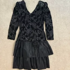 Filigran Vintage Paisley Samt Kleid Party Cocktail Stufenrock Gr. 12 - Bild 1 von 12