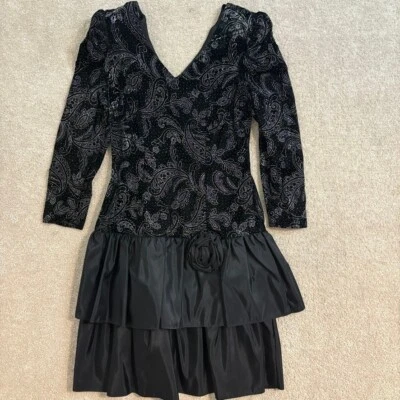 Vestido Filigrana Vintage Paisley Terciopelo Fiesta Cóctel Falda en Niveles Talla 12 Foto 1 de 4