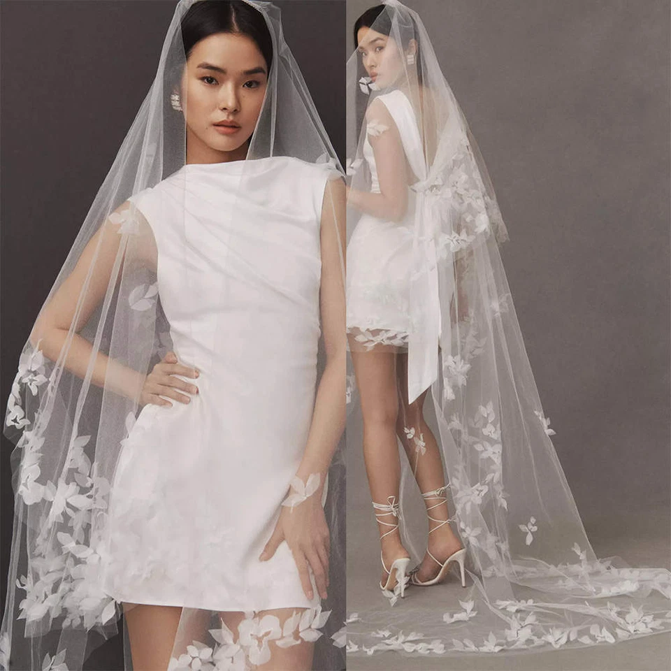 Bridal Wedding Veil Cathedral Length Flower 3D Flower Two Tier  Lace With Comb - Image 1 of 4