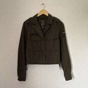 Superdry Khaki Green Cropped Military Utility Jacket 100% Cotton UK Size 10 - Picture 1 of 10