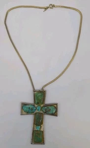 Collar Colgante Cruz Multi Piedra Turquesa Corona Trifari De Colección - Imagen 1 de 5