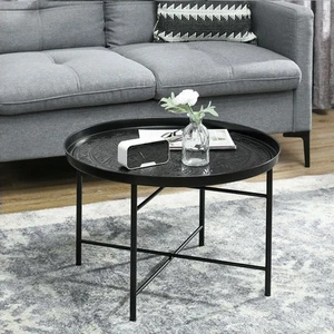 24" Round Coffee Table with Hammered Tray Top & Metal Frame, Black - Picture 1 of 11