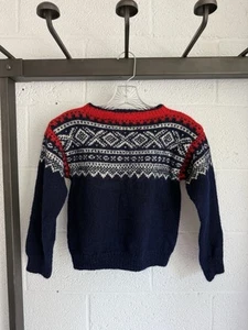 VTG HAND KNIT SOLHEIM NORWEGIAN SKI SWEATER KIDS BOYS GIRLS SZ 8-9 BLUE RED - Picture 1 of 8