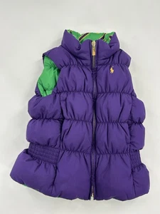 Chaleco acolchado reversible Ralph Lauren para niña pequeña talla 3T púrpura verde logotipo corona - Imagen 1 de 6