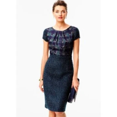 Talbots Tweed Teal Navy Abstract Top Pencil Dress sz 2 - Image 1 of 4