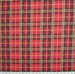 Christmas Metallic Tartan Check Red 100% Cotton Fabric Print 135cm Wide - Picture 1 of 3
