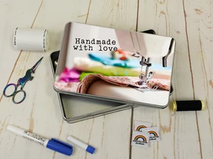 Handmade With Love, Sewing Themed Rectangle Metal Storage Tin, Great gift - Picture 1 of 2