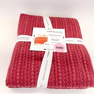 Antonio Salgado King Blanket 100% Cotton Jacquard Portugal Made 108" x 90" Red - Image 1 of 4