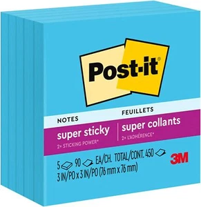 Post-it 654 Sticky / Super Sticky Notes, 5 Pads, 3 in x 3 in (76 mm x 76 mm) - Picture 1 of 20
