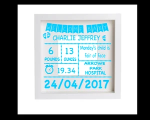Personalisierter Baby Geburt Rahmen Vinyl Aufkleber/Sticker für Box Rahmen Zum Selbermachen Geschenkidee - Bild 1 von 3