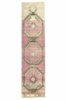 Turkish Runner Rug, 2.8 x 10.6 ft, Orchid and Olive, Boho Pastel Hallway Decor - Image 1 of 4