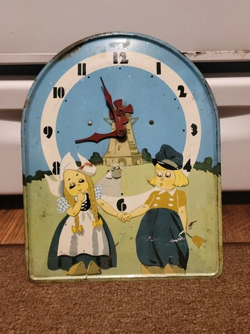 Vintage Dutch Children Windmill Litho Tin Metal Wall Hanging Clock Cover