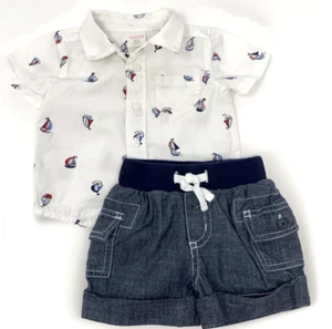 Gymboree Boys 0-3 Months White Sailboat Shirt and Chambray Shorts Set - Picture 1 of 10