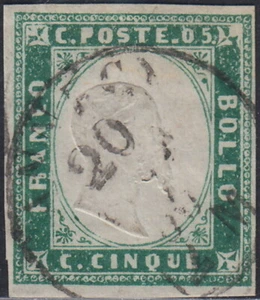 Sardegna IV, 1855, c. 5 verde smeraldo I composizione usato, splendido. (13d). - Foto 1 di 2