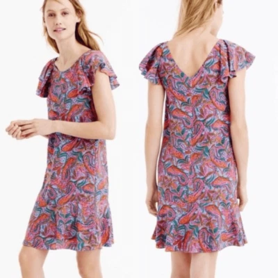 Vestido de seda para mujer J Crew talla 2 forrado estampado cachemira mangas con volantes y dobladillo Foto 1 de 4