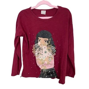 Zara | Kid's Maroon Red Girl w/ Flowers Long Sleeve T Shirt | Size: 9Y - Picture 1 of 4