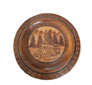 Vintage Zakopane Hand Carved Wooden Plate Church Scenic Background Pre-Owned - Picture 1 of 4