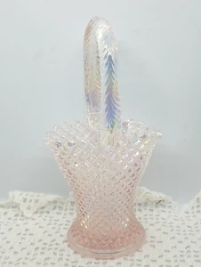 Vtg MCM Westmoreland English Pink Iridescent Hobnail Bride Handled Basket Vase - Picture 1 of 5