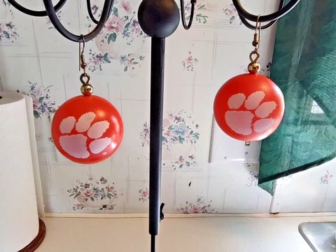Clemson Tigers Pierced Earrings Large Orange Balls w/Tiger Paw Print Cover