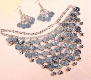 Set Di Gioielli Da Danza Del Ventre Collana Orecchini Orecchino Monete D'Argento - Picture 1 of 2