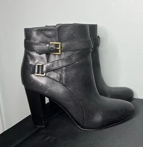 Ralph Lauren Black Heeled Ankle Booties Moto Strappy Buckle Zip LRL Womens Sz 8B - Picture 1 of 24