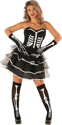 Women`s Skeleton Tutu Dress + Gloves & Stockings Ladies Halloween Costume - Image 1 of 4