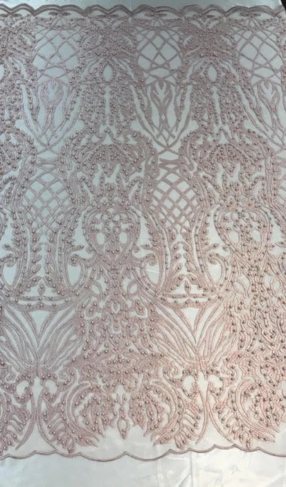 BEADED DUSTY ROSE Fabric by the yard, 52" Wide Lace/ Mesh/ Scalloped - Image 1 of 2