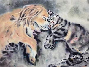 ORIGINAL watercolor painting CAT and DOG art Animals art 9" by 12" - Picture 1 of 4