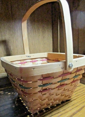 Hand-Crafted Wood Wicker Multicolor Basket w/Handle FARMHOUSE Home Decor     536 - Image 1 of 4