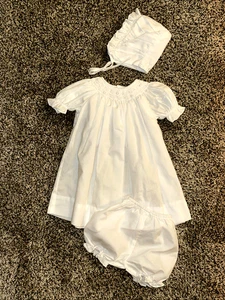 Petit Ami Smocked White Bishop Dress, Smocked Bonnet & Diaper Cover Size Preemie - Picture 1 of 13