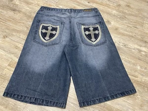 Indigo-30 Vintage Herren 36 x 15 Denim Baggy bestickt Taschen Hip Hop Y2K Shorts - Bild 1 von 19