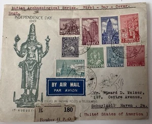 India 1949 Archeological Series Independence Day First Day Cover Bombay to USA - Picture 1 of 5