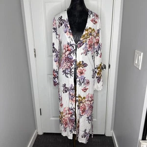 Charlotte Russe Floral Long Sleeve Duster Cardigan White Pink Size Small - Picture 1 of 9