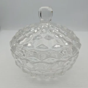 Vintage Clear Glass Covered Candy Dish, American Geometric Cubist Pattern  - Picture 1 of 4