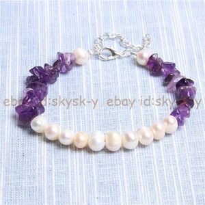 7-8mm Natural White Pearl Purple Amethyst Chip Gravel Beads Bracelet 7.5'' - Picture 1 of 4